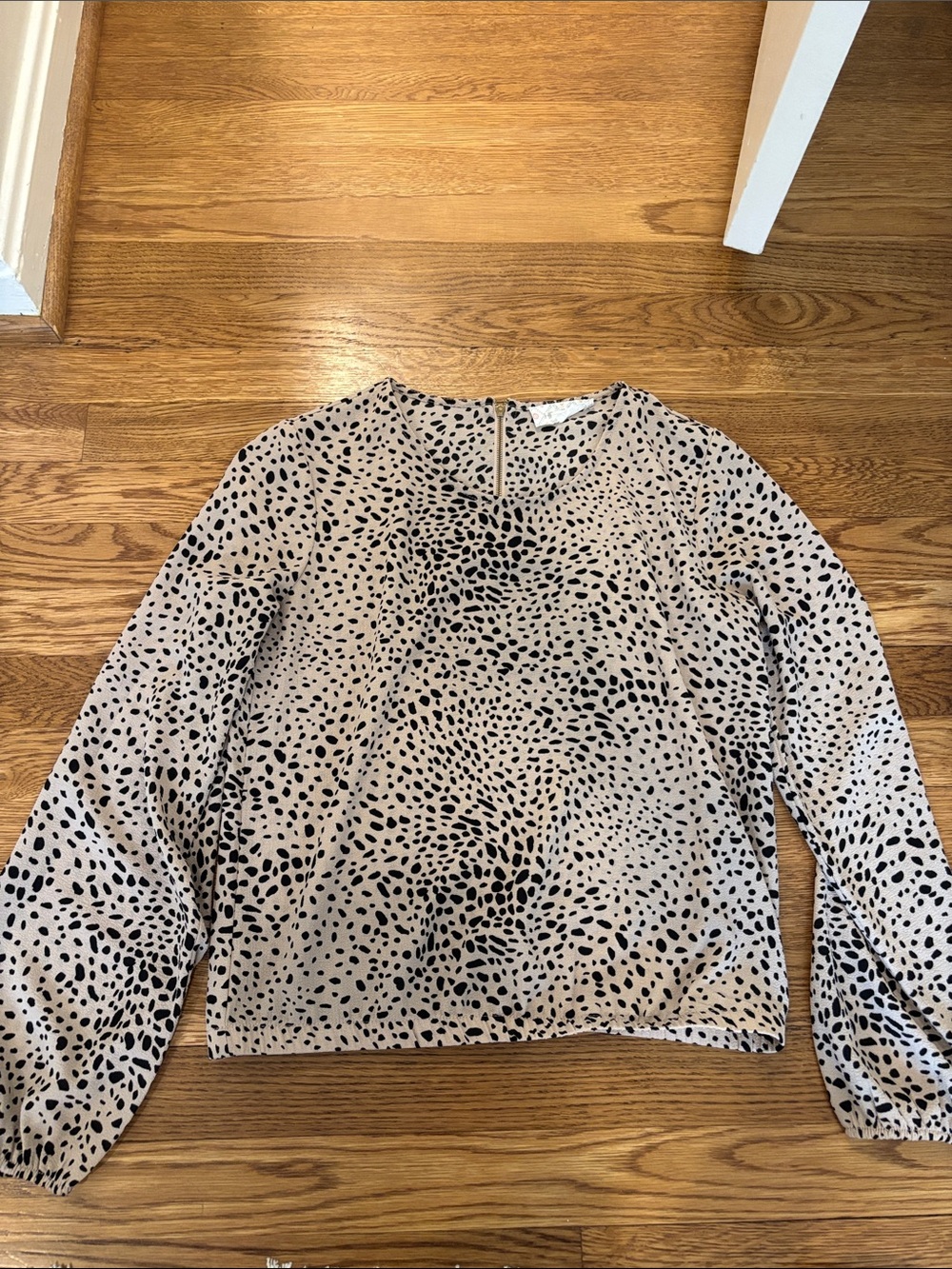 T.J.Maxx Beige and Black Long Sleeve Printed Blouse
